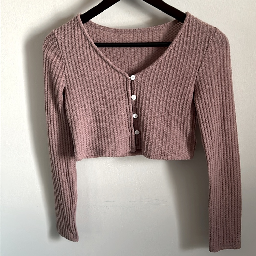 ⬇️ 2/$25 Listing - Romwe Crop Long Sleeve Crop Button Up Waffle Knit Top - Picture 6 of 10
